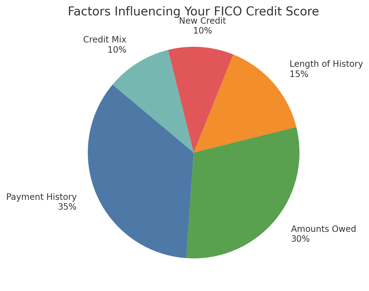 Pie chart showing factors influencing your FICO score: Payment History (35%), Amounts Owed (30%), Length of Credit History (15%), New Credit (10%), Credit Mix (10%)